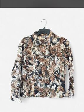 Chico's Multi-Color Leaf Print Jean Jacket (Brown, Black, Cream)